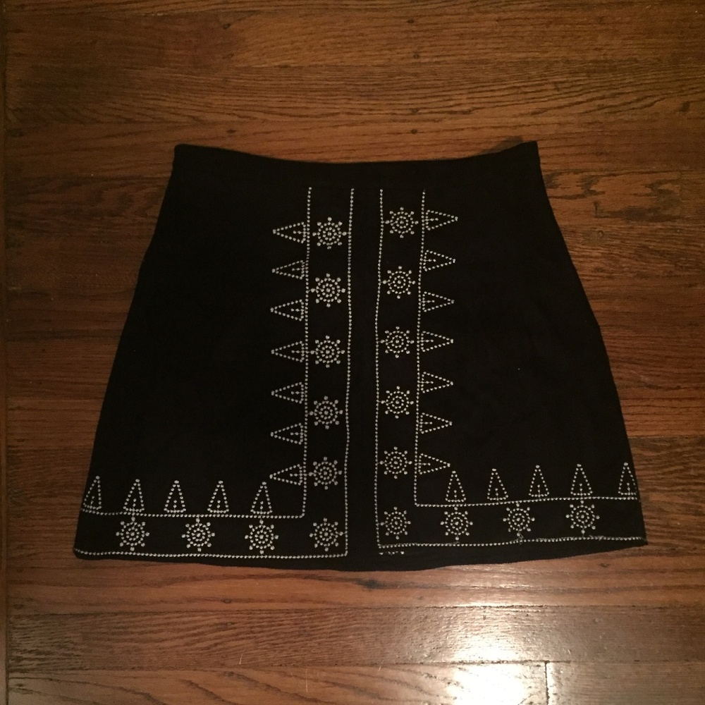 LF Evie Black Suede Skirt w/ White Embroidery